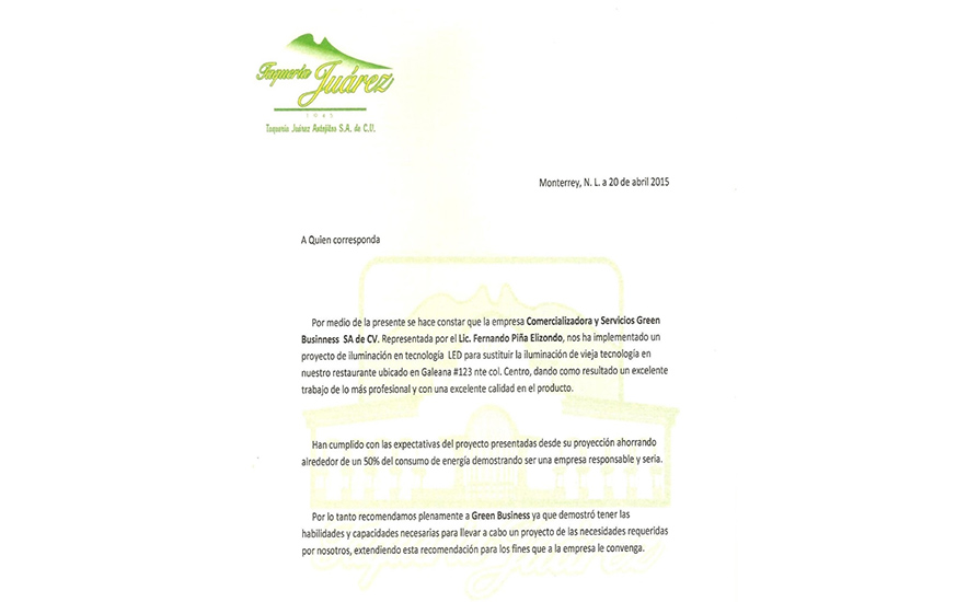 Carta de Satisfaccion Taquería Juarez